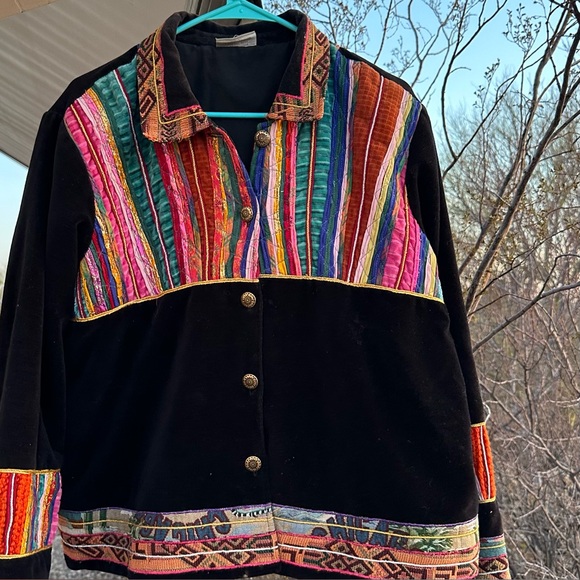 COLDWATER CREEK GYPSY COAT Jacket Size L Black VELVET‎ Bold Tapestry Art to Wear - Picture 8 of 10
